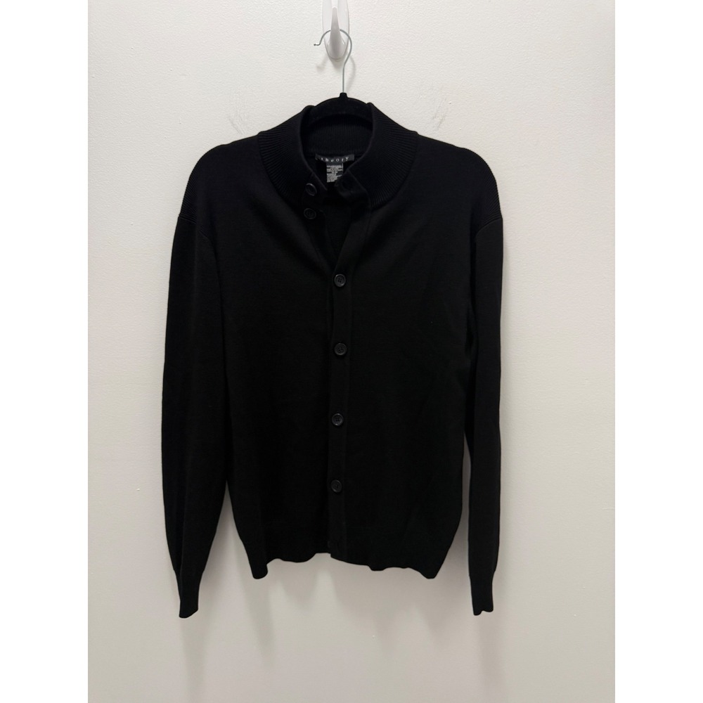 Theory Mens Black 100% Merino Wool Mock Neck Button Front Cardigan Sweater M